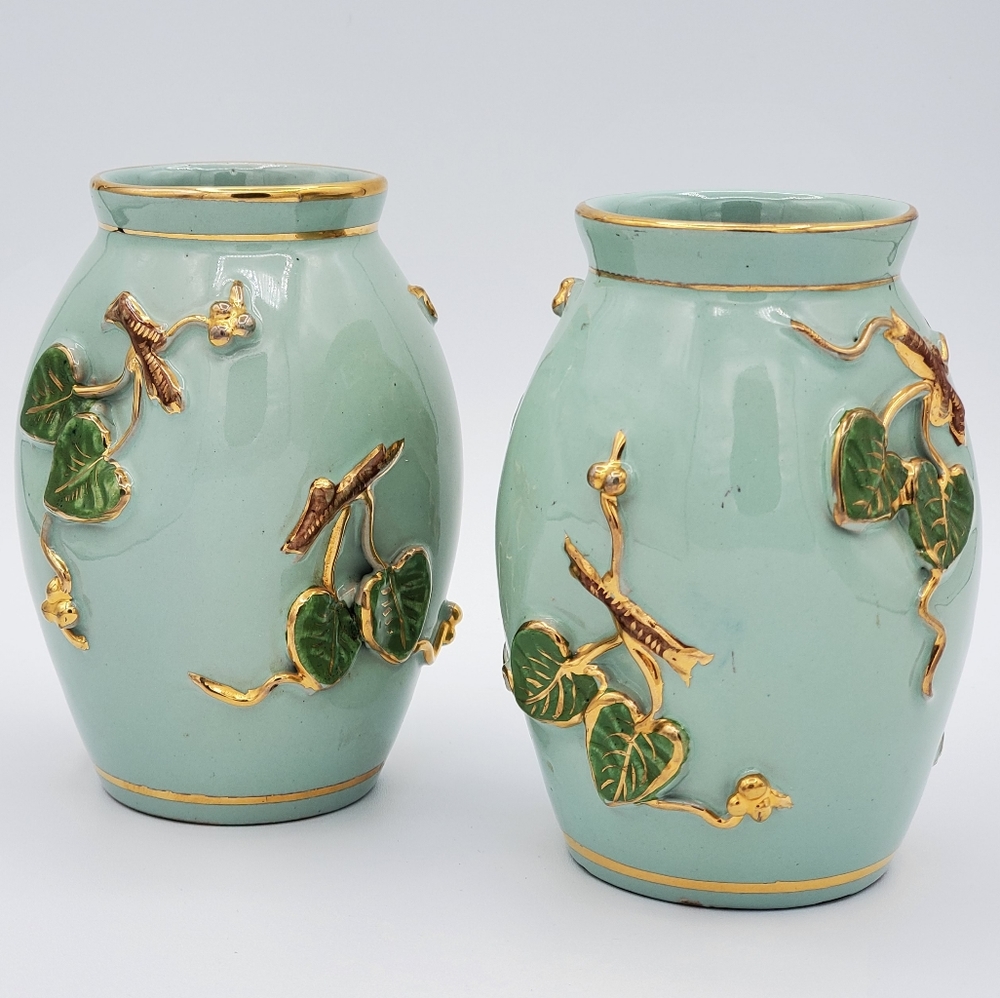Pair Of Vintage Ceramic Vases Green With Gold Accents